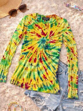 James Preston Tie Dye Long Sleeve Top Rainbow Spiral Fitted Size L